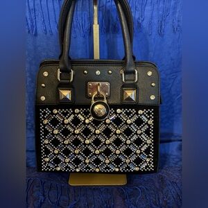 Black Studded Tote Handbag with Gold Accents